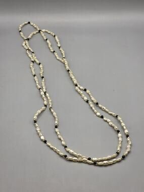 Vintage Cultured Rice Pearl Black Bead Accent Opera Length Strand Necklace Multi